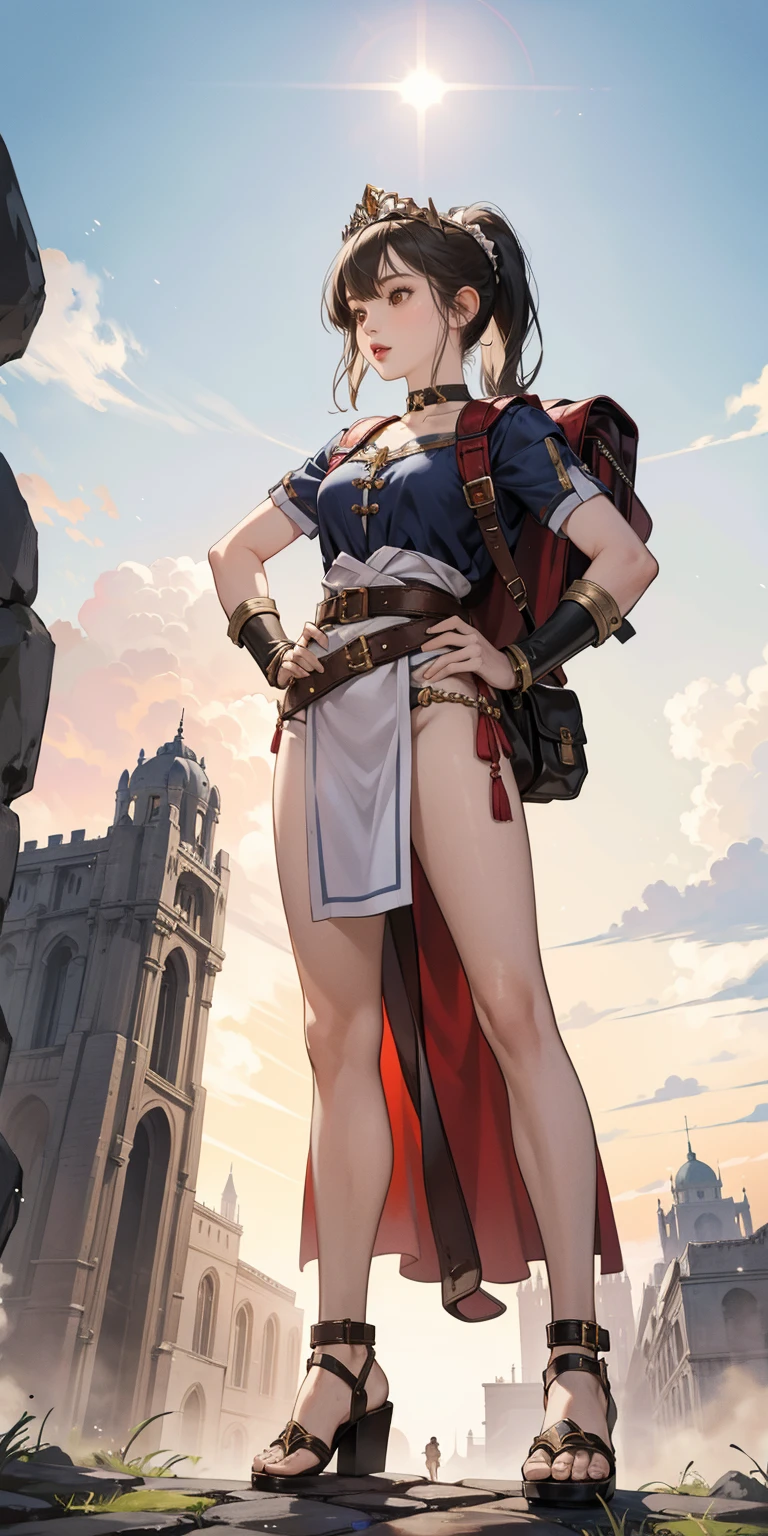full body, whole body. 1solo (girl). slave fighter, loincloth standing, hands on hips full body, whole body. 1solo (girl). slave fighter, loincloth standing, hands on hips, metal sandals, backpack, choker, big belt, view from below, feet together, bracers, tiara
