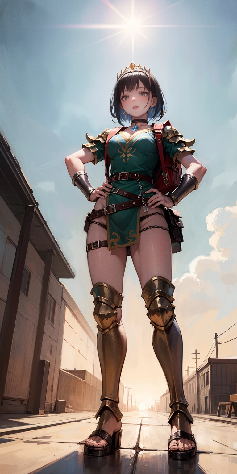 full body, whole body. 1solo (girl). slave fighter, loincloth standing, hands on hips full body, whole body. 1solo (girl). slave fighter, loincloth standing, hands on hips, metal sandals, backpack, choker, big belt, view from below, feet together, bracers, tiara
