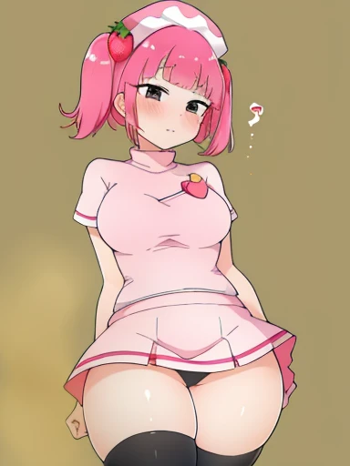 (masterpiece, best quality), 1girl, solo, miruku, pink hair, black eyes, nurse outfit, strawberry hair ornament, nurse cap, white thighhighs ,おならをする