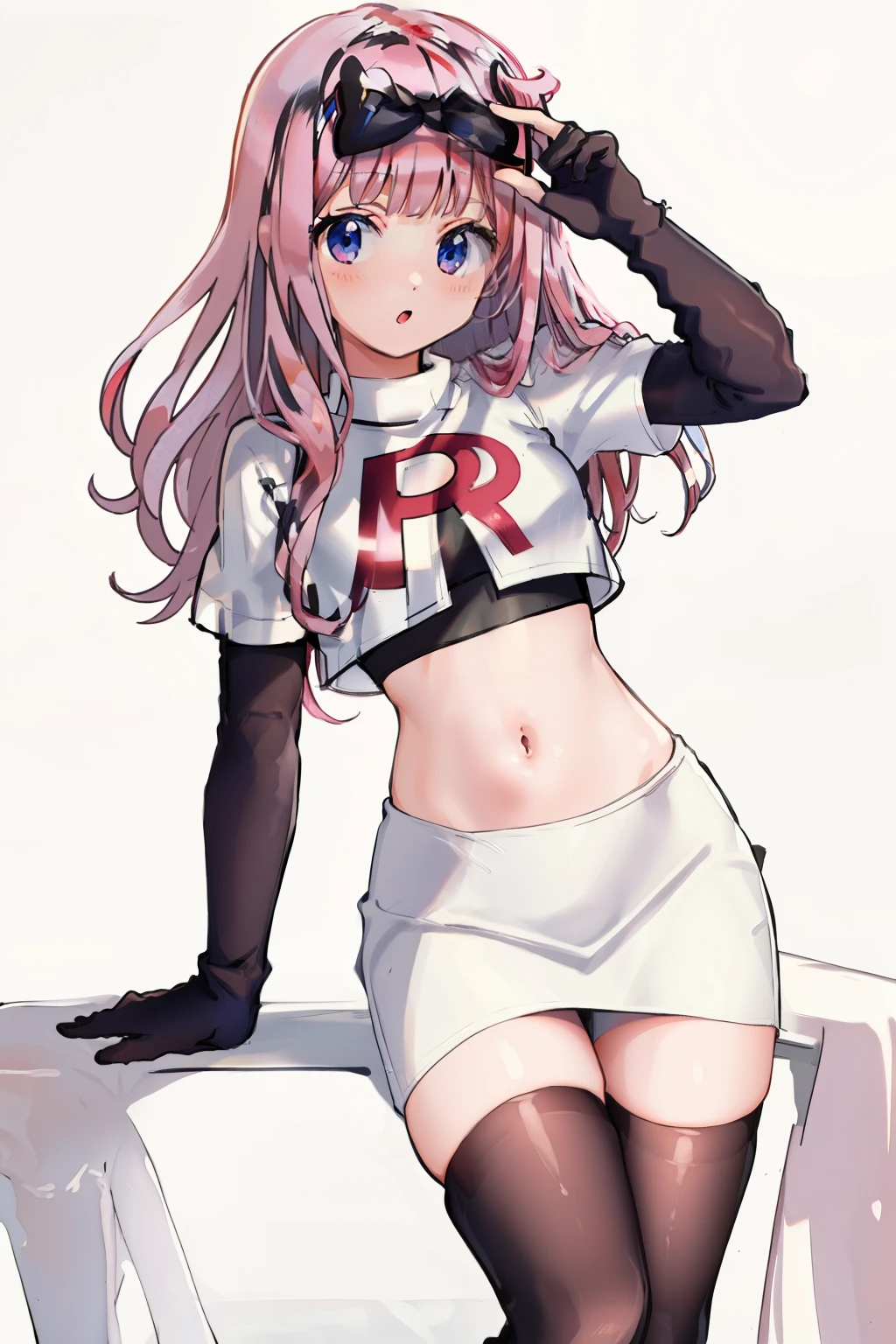 black bow on head, pink hair, team rocket,team rocket uniform,white skirt,crop top,black thigh-highs,black elbow gloves,