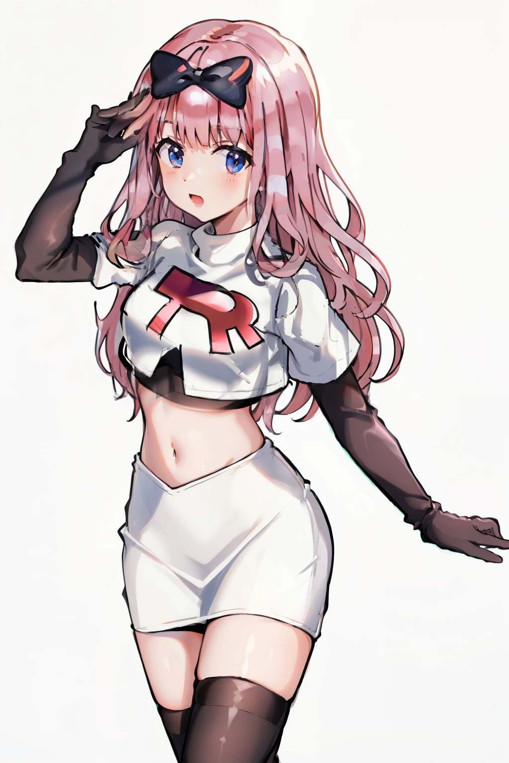 black bow on head, pink hair, team rocket,team rocket uniform,white skirt,crop top,black thigh-highs,black elbow gloves,