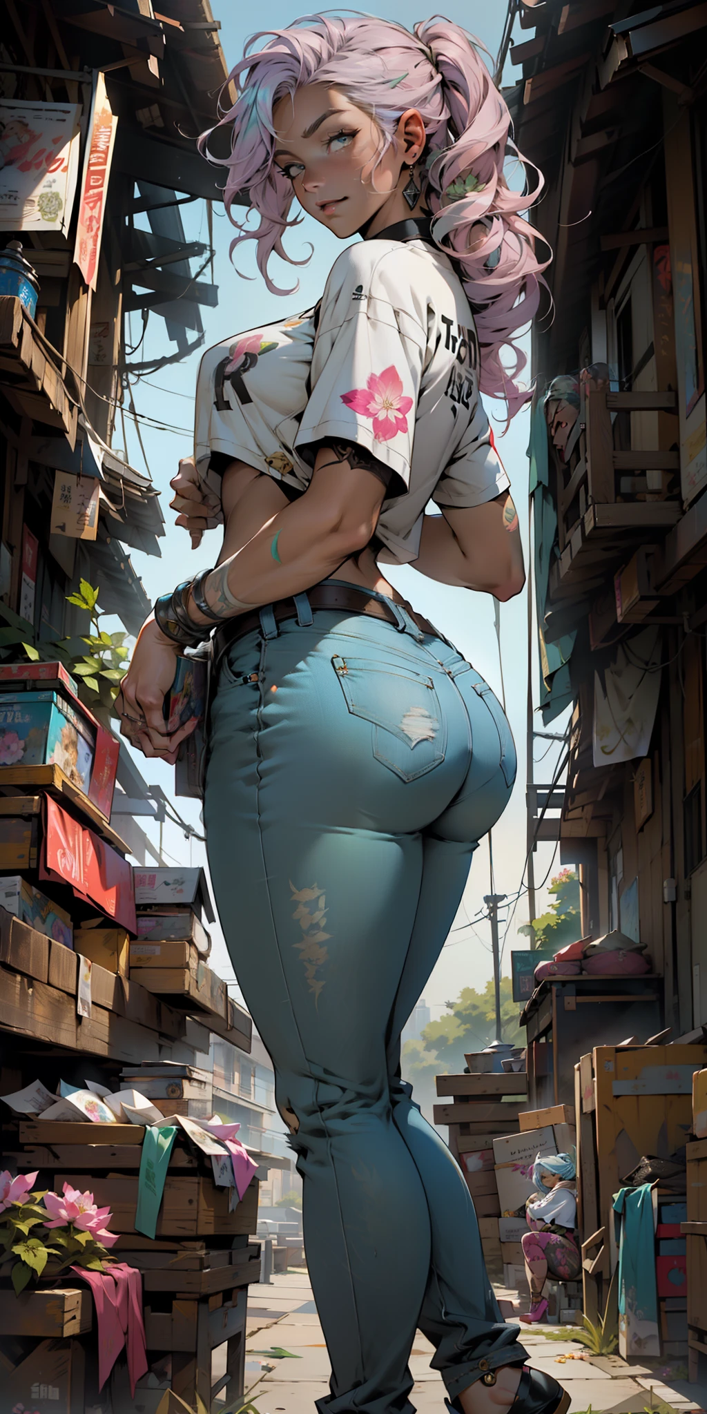 (best quality,4k,8k,highres,masterpiece:1.2),ultra-detailed,(realistic,photorealistic,photo-realistic:1.37),1 girl,hip-hop style outfit,high ponytail,incredibly long hair,cowgirl pose,looking at viewer,leaning forward,by Santiago Caruso,by Mike Azevedo,detailed eyes,detailed lips,extremely detailed face,long eyelashes,dynamic pose,colorful,vibrant colors,warm lighting