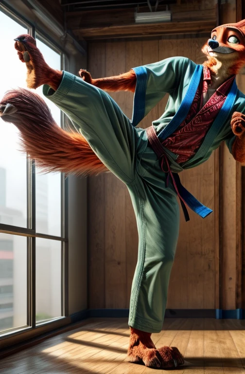 Barefoot Nick Wilde  is doing a kick with his leg wearing dark blue karate kimono with 5th dan black belt, long karate kimono pants, training karate in gym of police department, solo, performing kick, standing on one leg, second leg rised up in a high kick, detailed nice big dog feet paws with claws and pawpads, in a trance, green glow in his eyes, brainwashed look. high resolution, anatomically correct, evening sky outside the window, dim candles light inside, a man in a gray pants, martial art pose, fighter pose, fight pose, in a fighting pose, heroic muay thai stance pose, fighting stance, boxing stance, in fighter poses, high kick, karate pose, in a fighting stance, fighting pose, fighting posture, kickboxer fighter, full body action pose