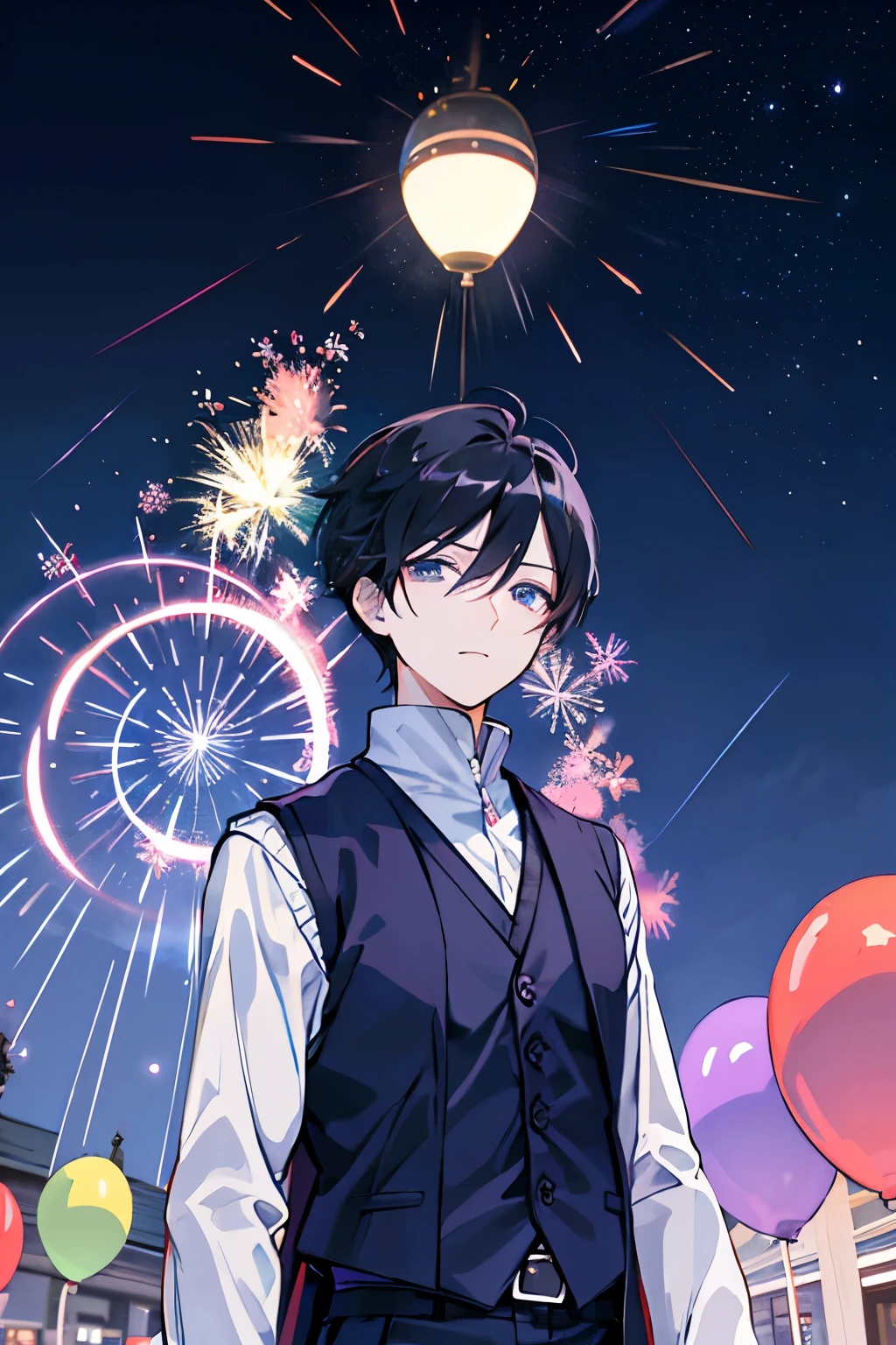 male black hair blue eyes sweater Check slacks vest coat firework In town parade matrix festival countless floating balloons Countless lights night view masterpiece Highest image quality noise removal clear parts cinematic shadow Increased attractiveness of the eyes clear parts the shine of the eyes Draw eyelashes neatly perfect eyes detailed eyes Sharpen image quality Sharpen eye writing clear parts eye shape