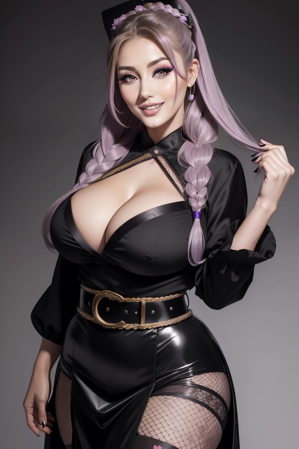 Lucy Pinder, face portrait, ((very intense makeup)), Geisha, sexy woman, voluptuous woman, smiling, Adele, long hair, lilac hair, braid, black blouse, belt, black skirt, fishnet pantyhose, Korean woman, smiling
