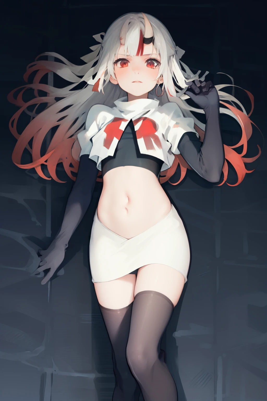masterpiece, best quality, absurdres, perfect anatomy, 1girl, solo, Nakiri Ayame, long hair, twintails, AyameCasual, hair ribbon, x hair ornament, team rocket,team rocket uniform,white skirt,crop top,black thigh-highs,black elbow gloves,
