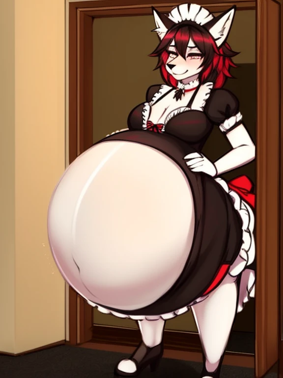 by zackary911,zackary911, wolf, anthro, maid is unnaturally tall and thicc and is taller than doors,fat, overweight, massive belly, vore, large stomach