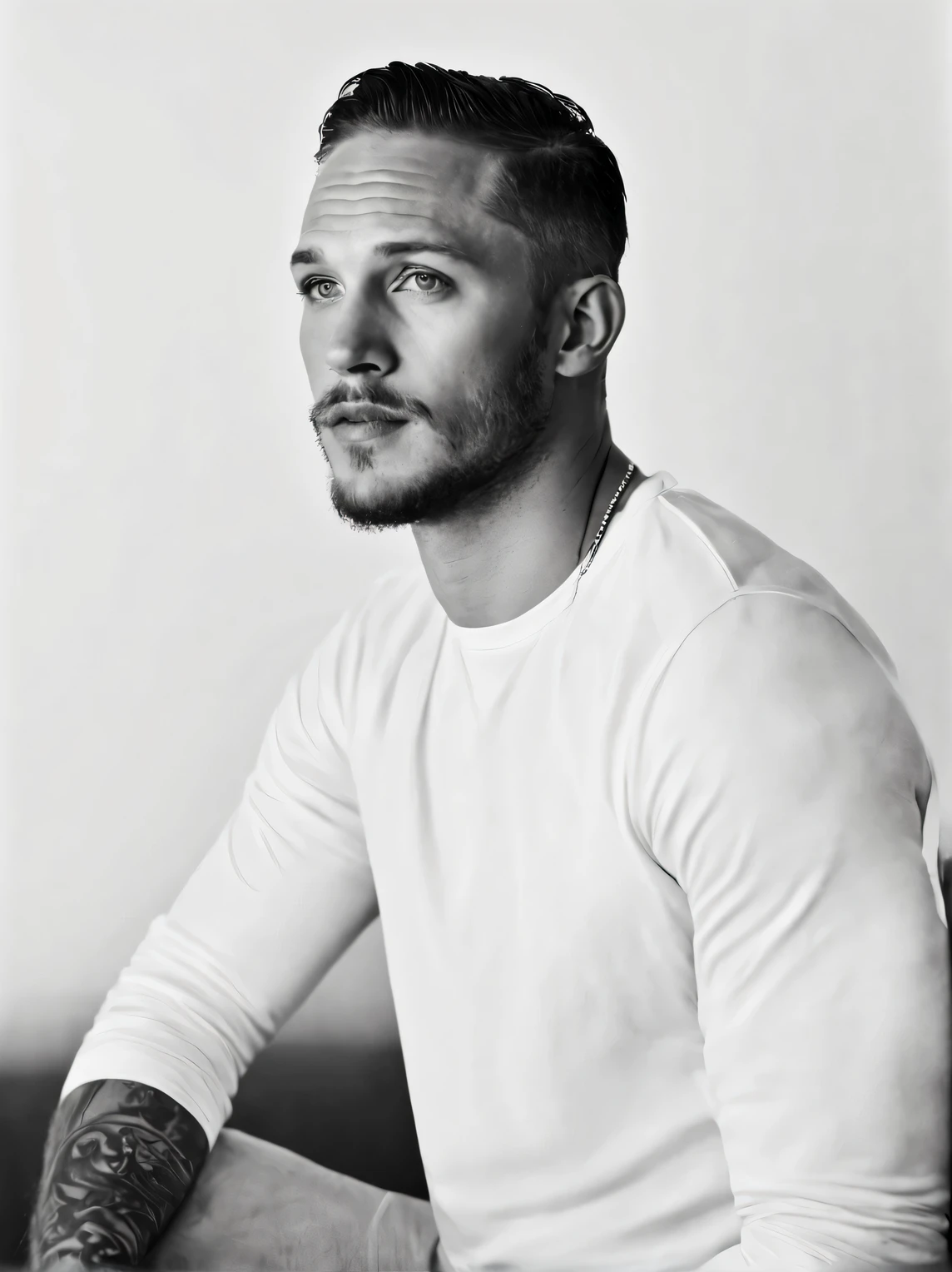 (Black and white photo portrait head close-up)，side，(20-year-old Tom Hardy） ，（Very very clean and smooth skin），（Very, very smooth, smooth, smooth chin and face.：1.37），（Round hairstyle：1.0）