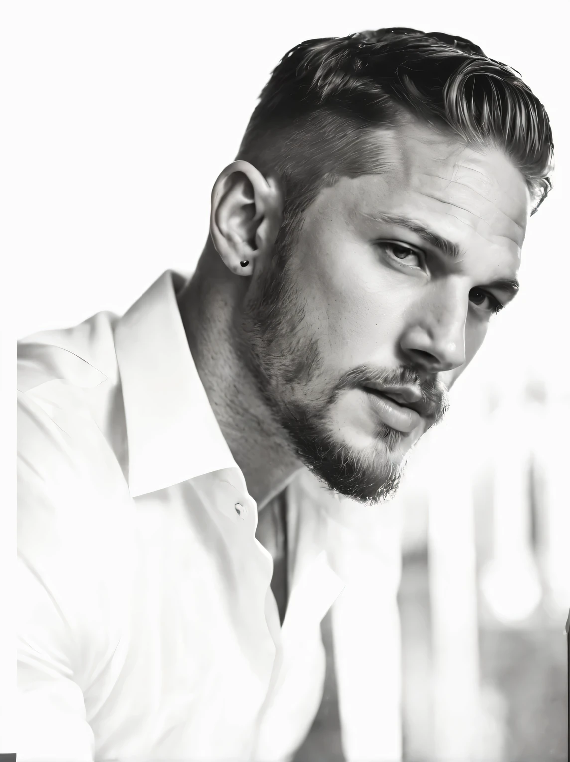 (Black and white photo portrait close-up of the head) Tom Hardy, a 20-year-old boy, is hanging a cigarette. His fair and smooth skin is flawless, with a deep gaze and a very smooth chin and face. (Round inch hairstyle), fused with lighting,