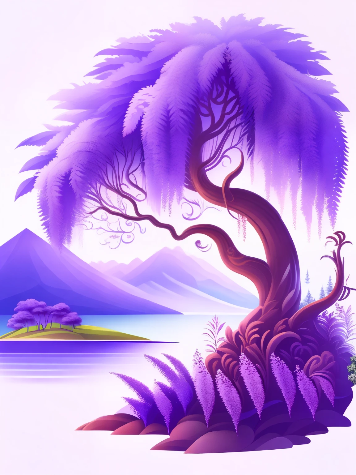 a wisteria tree vine in a beautiful landscape, tshirt design, rzminjourney, vector-art