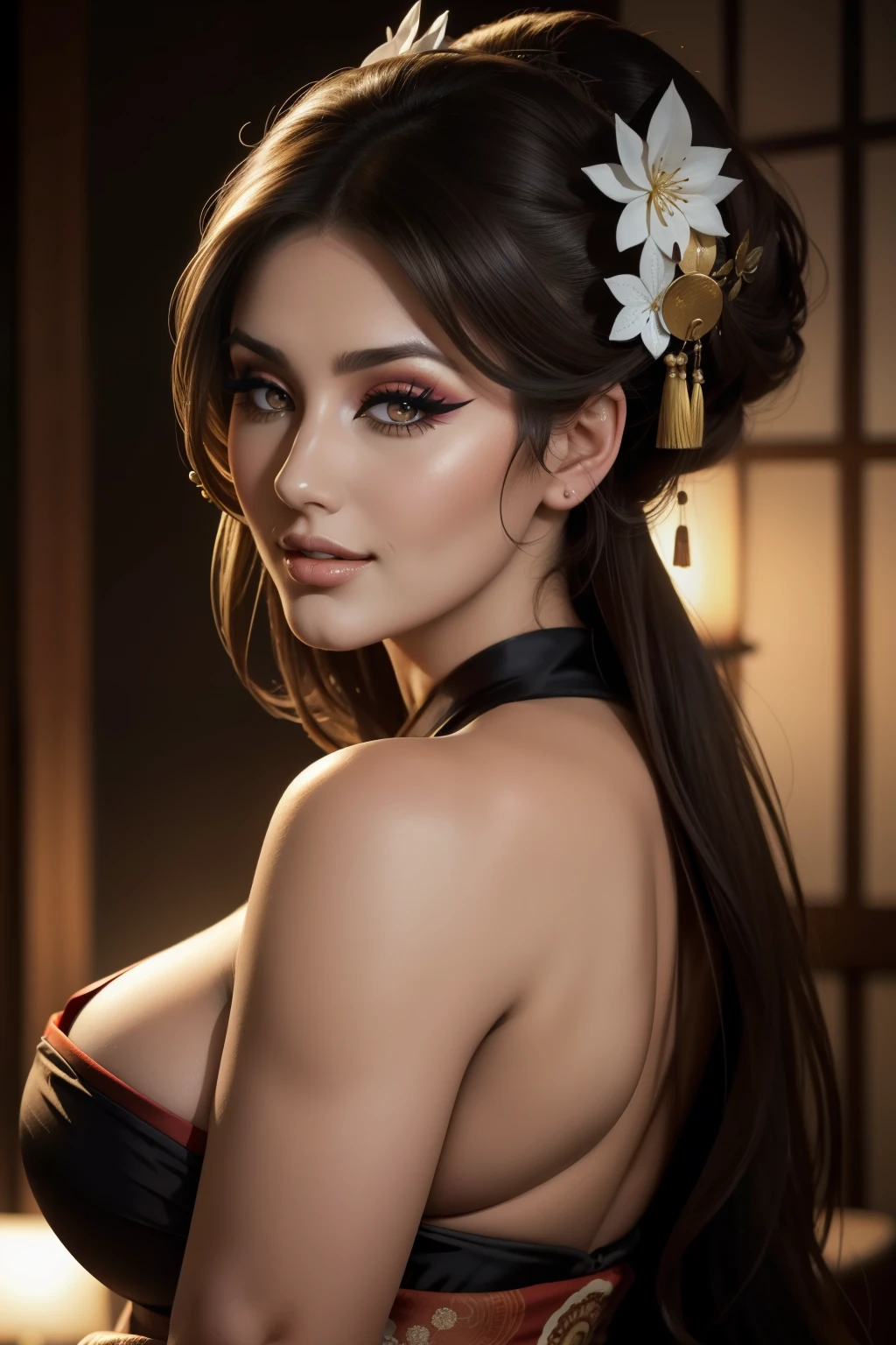 Lucy Pinder, face portrait, ((very intense makeup)), Geisha, sexy woman, voluptuous woman, smiling, Adele, back
