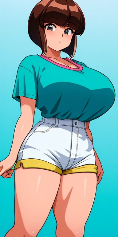 tendounabiki, huge_breasts, standing, solo, Aqua_shirt_Pink_undershirt_Short_shorts, masterpiece, best quality, detailed face, detailed eyes, highres,