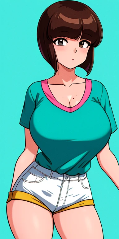 tendounabiki, huge_breasts, standing, solo, Aqua_shirt_Pink_undershirt_Short_shorts, masterpiece, best quality, detailed face, detailed eyes, highres,