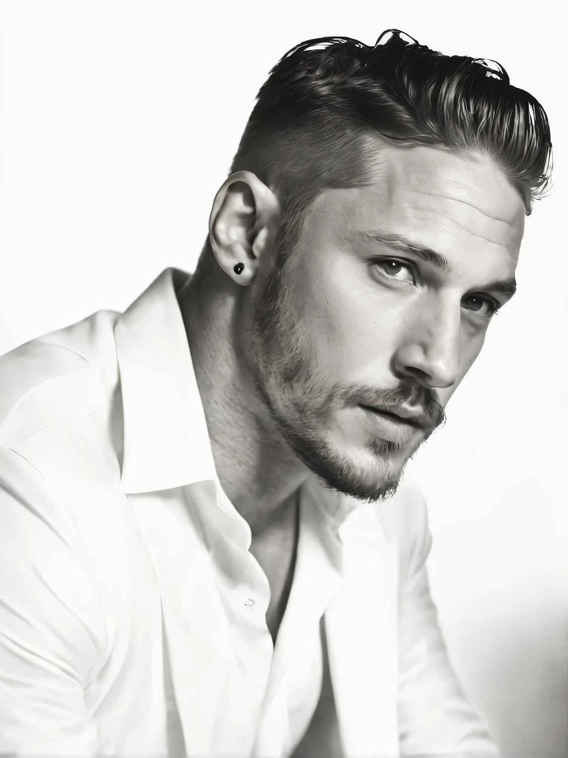 (Black and white photo portrait close-up of the head) Tom Hardy, a 20-year-old boy, is hanging a cigarette. His fair and smooth skin is flawless, with a deep gaze and a very smooth chin and face. (Round inch hairstyle), fused with lighting,