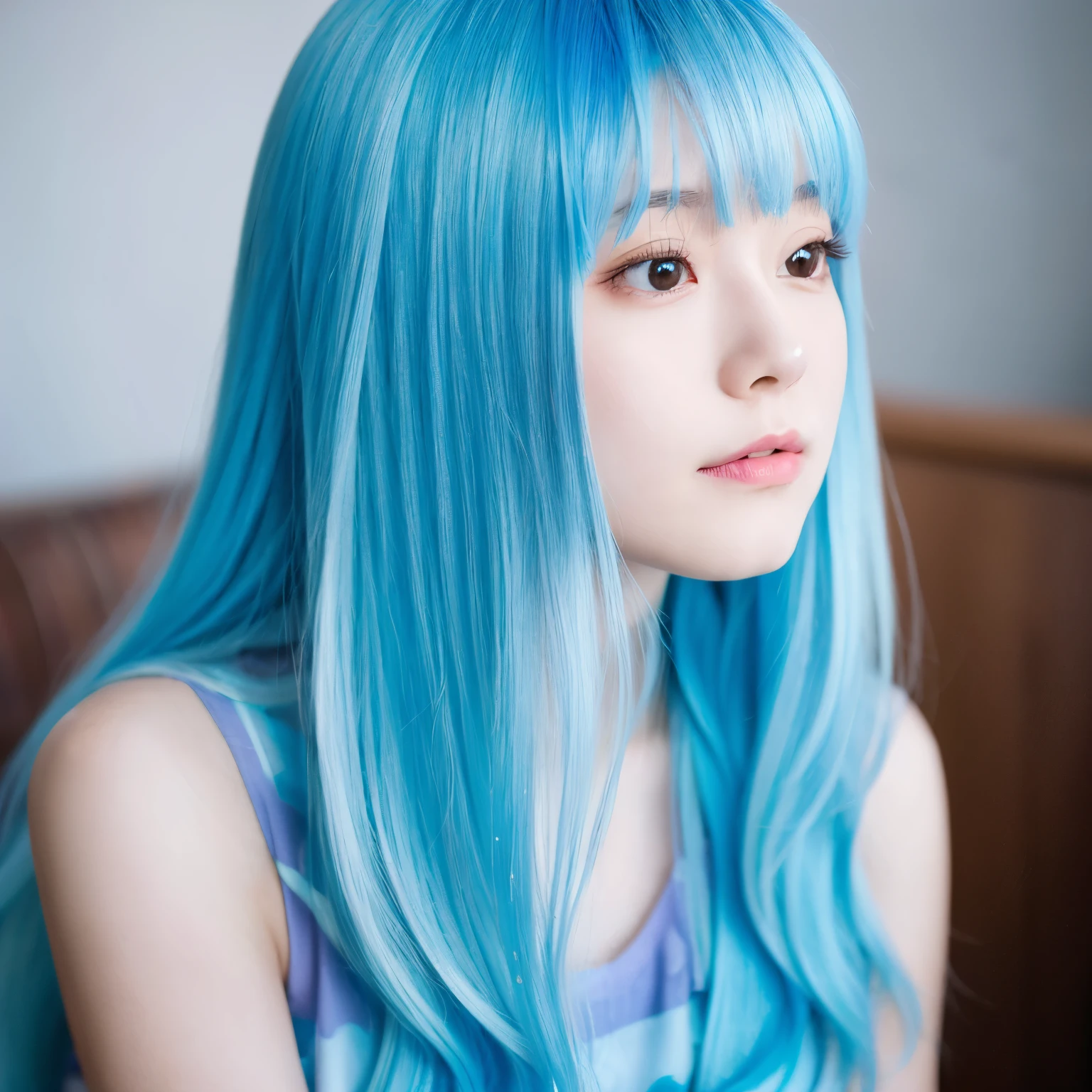 (highest quality, 32k, High resolution, masterpiece:1.5), Haunting fantasy portrait in abstract style, ((In a swirl of fantastic pastel colors and soft light)), Evoking a sense of soothing tranquility and elusive beauty, Award-winning masterpiece with amazing details, Color and shape, expression of emotions, rich in imagination, cute japanese woman, full shot of full body, Low - Angle, perfect human anatomy, big magical eyes, gentle smile, Motherhood and tolerance, ((shiny light blue hair)), ((Beautifully styled super long hair)), Beautiful asymmetrical bangs, hair between eyes, white, clear and soft skin, thin eyebrows, clear double eyelids, pale pink lips, ((see-through transparent camisole)), High resolutionの完璧な鎖骨, High resolutionの美しい胸元, Slender body with plump breasts, High resolutionの美しい太もも, soft sunlight, professional lighting, professional photographer, Professional models,mysterious