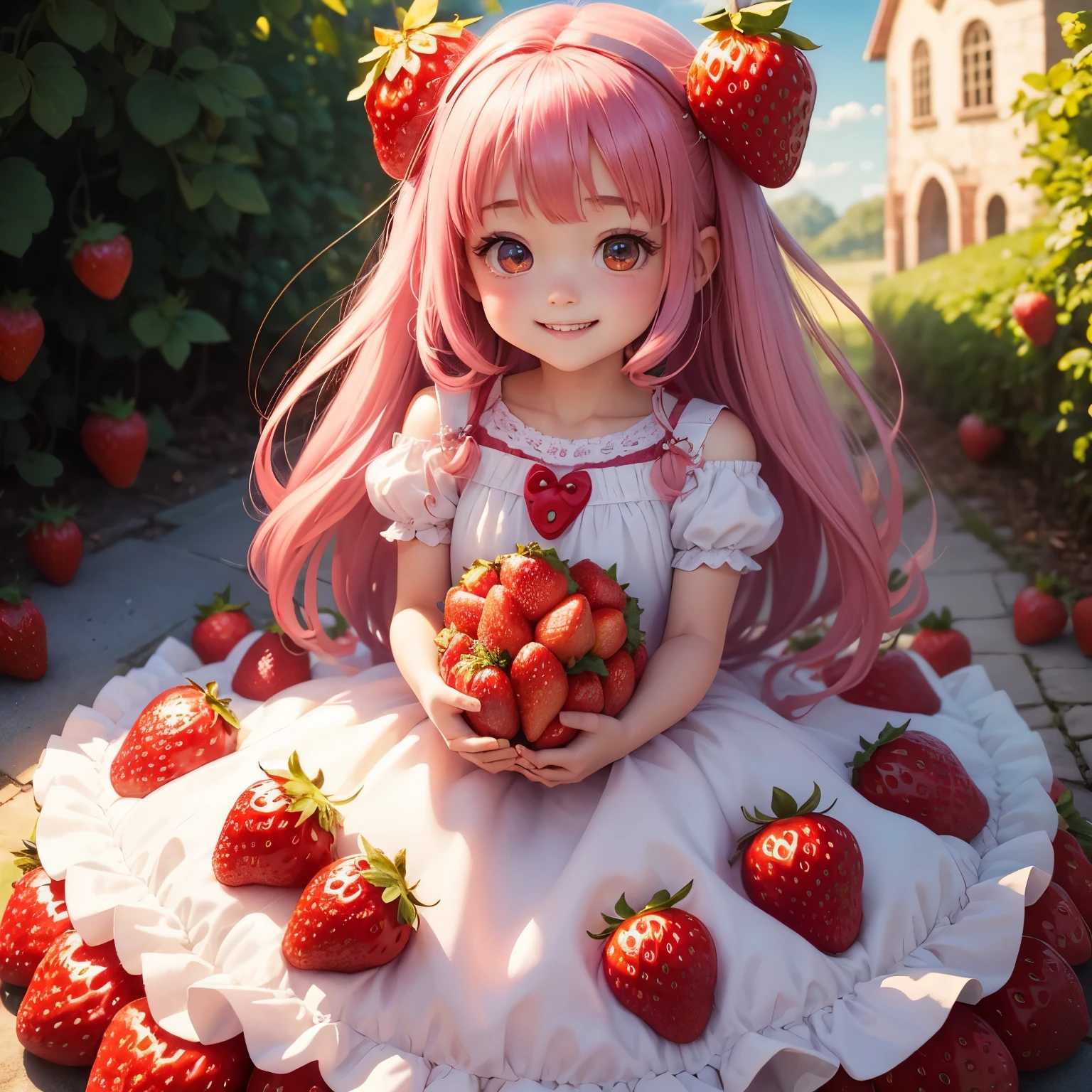 cute, White very short hair, (Big round eyes, Strawberry-shaped pupils), A lustful and lascivious face, light makeup, Pink short twin tails, イチゴにインスパイアされたcuteゆったりしたシャツを着ています, Strawberry-inspired ruffled shorts, Engineer boot, Lots of strawberries in the background, Shading Effects, Gradient Magic Effect, Fresh effect, Cute effects, (Super detailed, The absolute solution, Highest quality:1.3), 2.5D, delicate and dynamic, Artistic photography, Ultra-realistic, Graphics CG Digital Art, Manga style