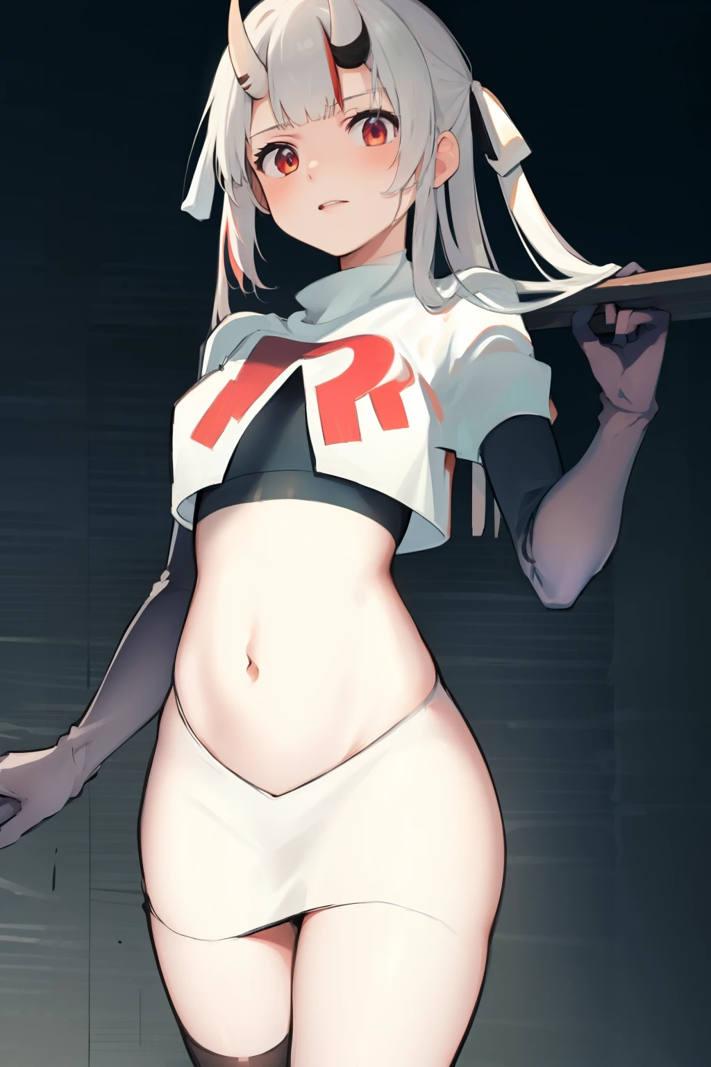 masterpiece, best quality, absurdres, perfect ???????, 1girl, solo, Nakiri Ayame, long hair, twintails, AyameCasual, hair ribbon, x hair ornament, team rocket,team rocket uniform,white skirt,crop top,black thigh-highs,black elbow gloves,
