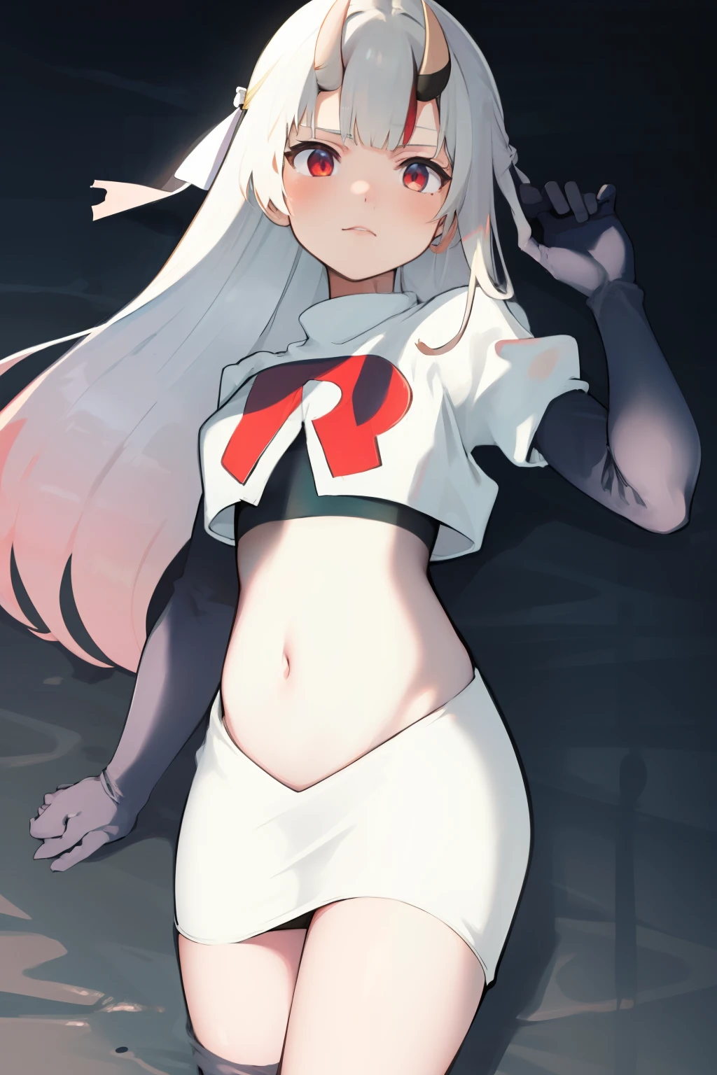 masterpiece, best quality, absurdres, perfect anatomy, 1girl, solo, Nakiri Ayame, long hair, twintails, AyameCasual, hair ribbon, x hair ornament, team rocket,team rocket uniform,white skirt,crop top,black thigh-highs,black elbow gloves,