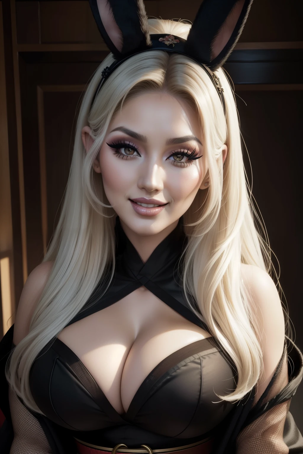 Lucy Pinder, face portrait, ((very intense makeup)), Geisha, sexy woman, voluptuous woman, smiling, Adele, long hair, white hair, black blouse, belt, black underwear, fishnet pantyhose, Asian woman, ears rabbit smiling
