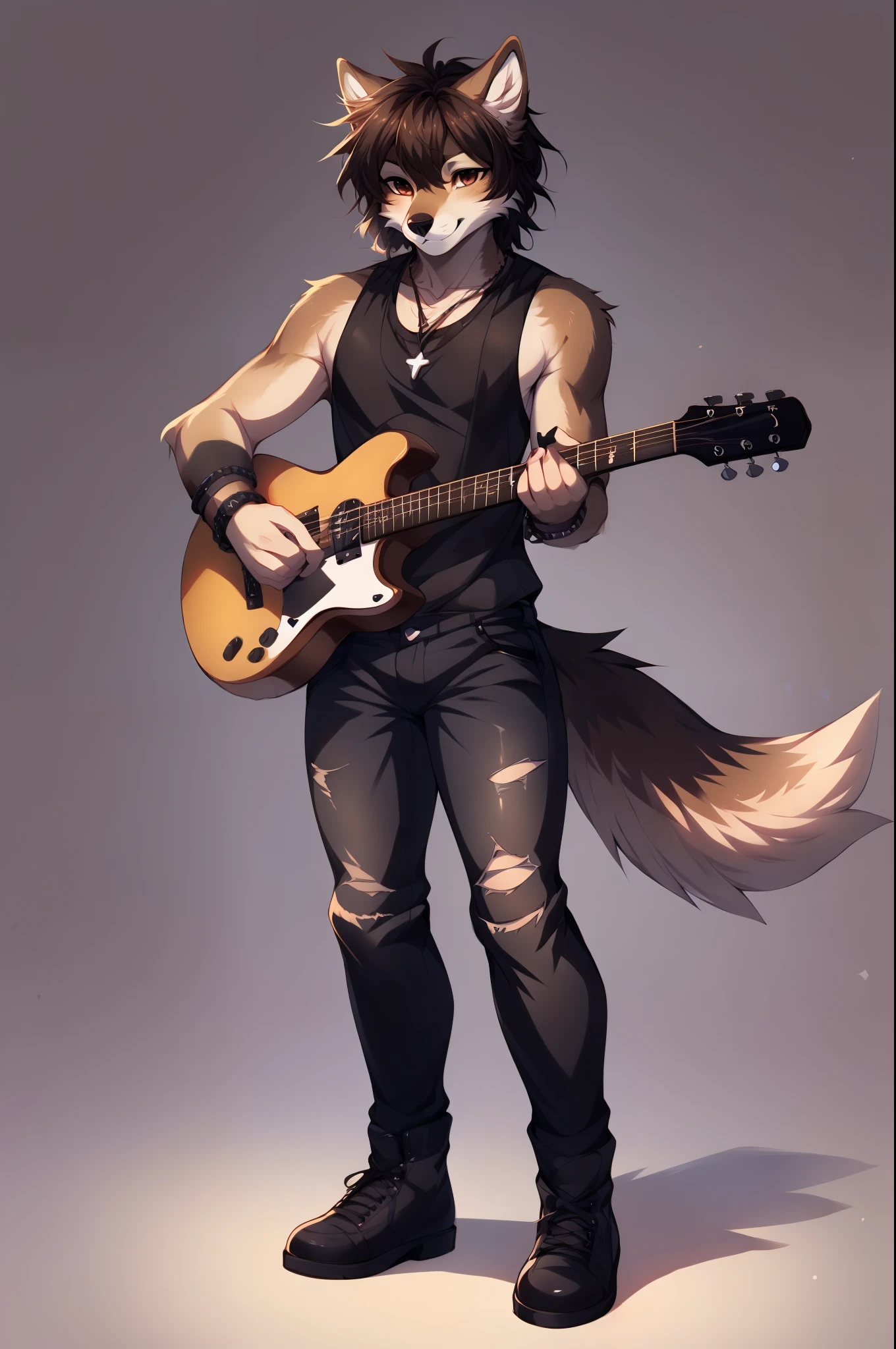 Jaiden, brown male wolf, brown eyes, brown ears, brown wolf tail, cute snout, wearing black tank top, many leather bracelets, necklace, black ripped pants, black boots, grinning, playing the guitar, holding a black epiphone g400 guitar, no background, blank background, by fumiko, by hyattlen, by hioshiru, dancing, mouth open, smiling, furrowed eyebrows