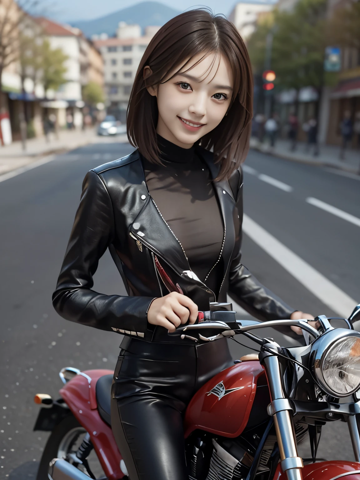 Sharp and clear images、Photo of a woman wearing leather pants、smile、Riding an elaborately decorated motorcycle