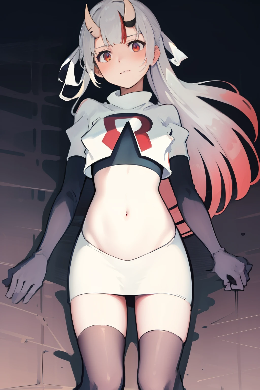 masterpiece, best quality, absurdres, perfect anatomy, 1girl, solo, Nakiri Ayame, long hair, twintails, AyameCasual, hair ribbon, x hair ornament, team rocket,team rocket uniform,white skirt,crop top,black thigh-highs,black elbow gloves,