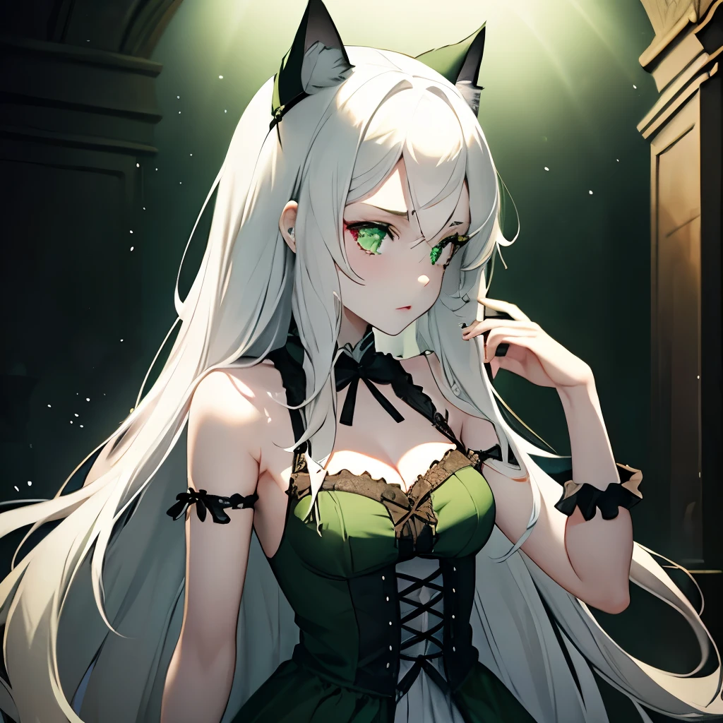 1girl, cat ears, long white hair, green eyes, green gothic dress, dark green lighting, pale skin, body view