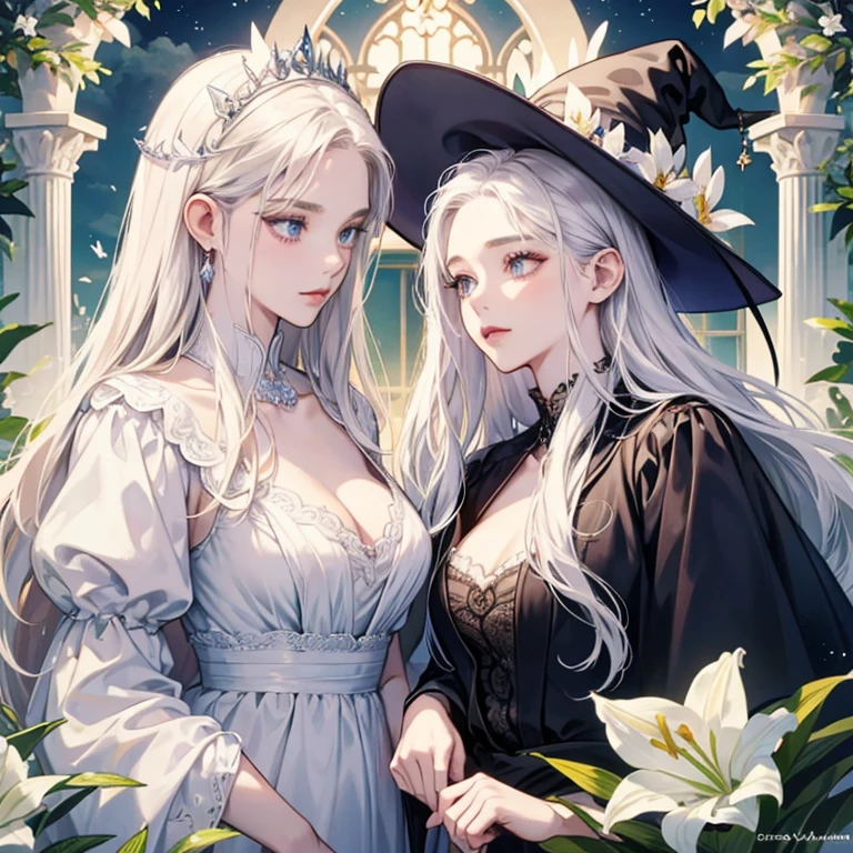 Two women in one picture，Double witch and vampire ，The white-haired witch and the blond vampire have long flowing hair, pale skin, perfect faces, long hair, and details of a busty lady. ，Dress gorgeous lily garden background palace garden elopement butterfly element flower element corolla