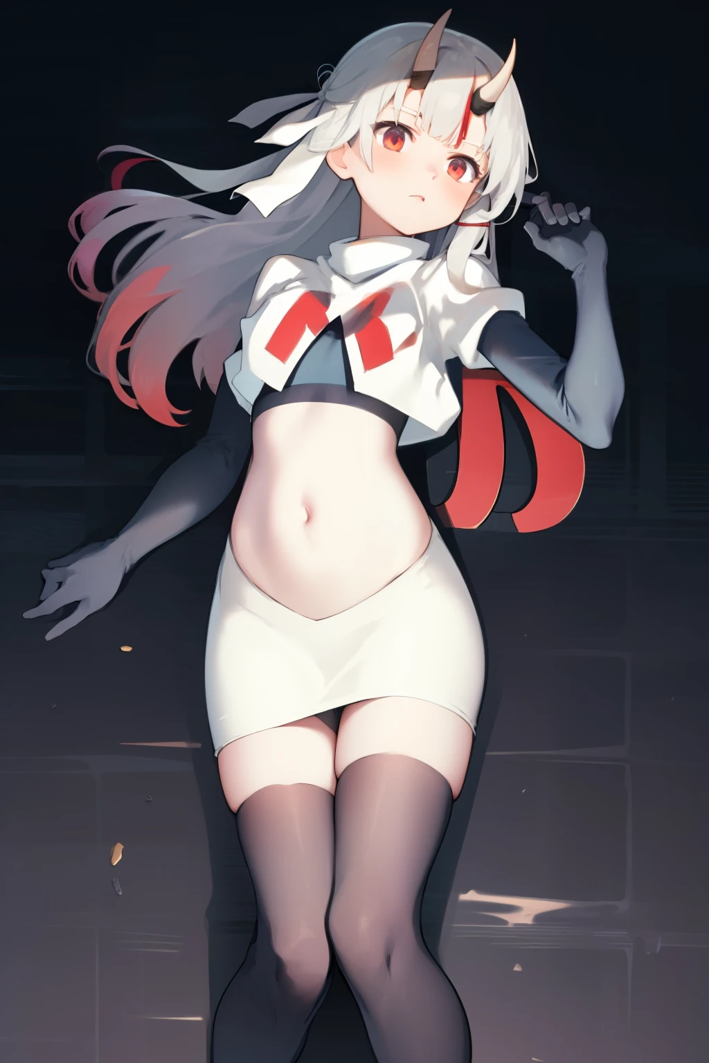 masterpiece, best quality, absurdres, perfect anatomy, 1girl, solo, Nakiri Ayame, long hair, twintails, AyameCasual, hair ribbon, x hair ornament, team rocket,team rocket uniform,white skirt,crop top,black thigh-highs,black elbow gloves,
