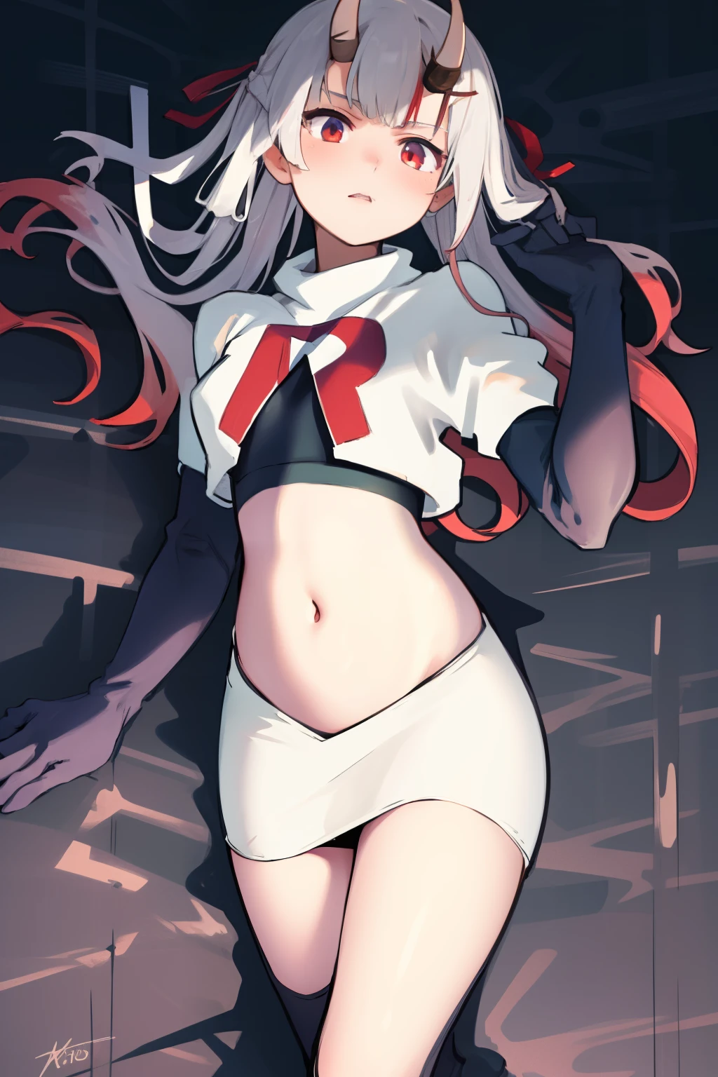 masterpiece, best quality, absurdres, perfect anatomy, 1girl, solo, Nakiri Ayame, long hair, twintails, AyameCasual, hair ribbon, x hair ornament, team rocket,team rocket uniform,white skirt,crop top,black thigh-highs,black elbow gloves,