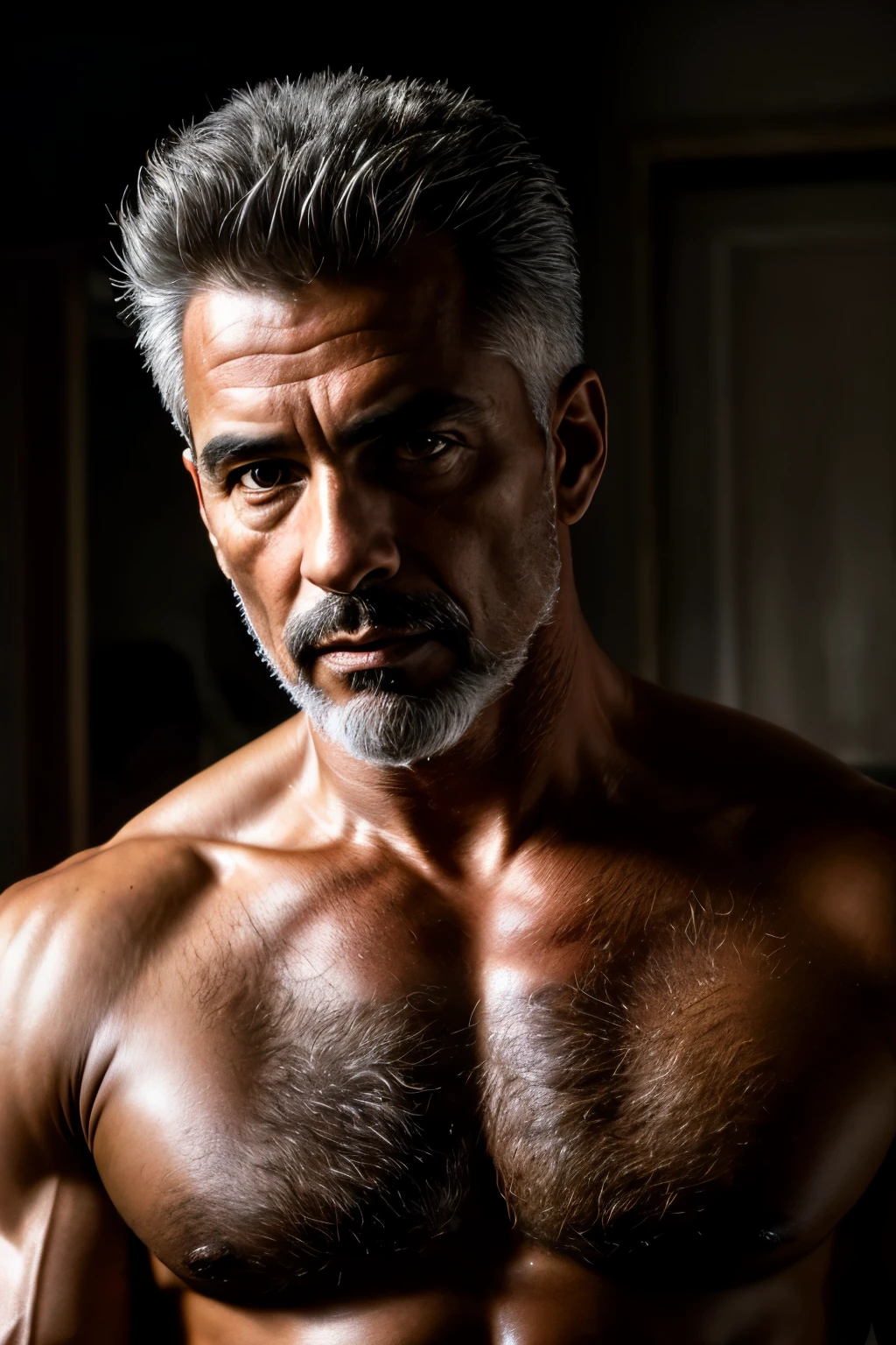 (RAW style, masterpiece, best quality, ultra-detailed), a 50-year-old hombre with a grisalho complexion posing for a photograph, no shirt on, body hair visible, well-defined body, dramatic photographic session, cinematic light, low-key lighting, grainy film texture, defined muscle tones, razor-sharp focus, intricately detailed, hyperrealistic, ((((cinematic look)))), muted colors, moody atmosphere, intensely focused, subtle shadows, textured skin, high contrast.