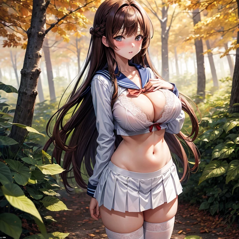 Anime girl with very big breasts in the middle of the autumn forest wearing a sailor suit with an open shirt showing her breasts and her bra lifting her skirt showing her panties wearing sexy underwear with lace disgusted face blushing with long brown hair.