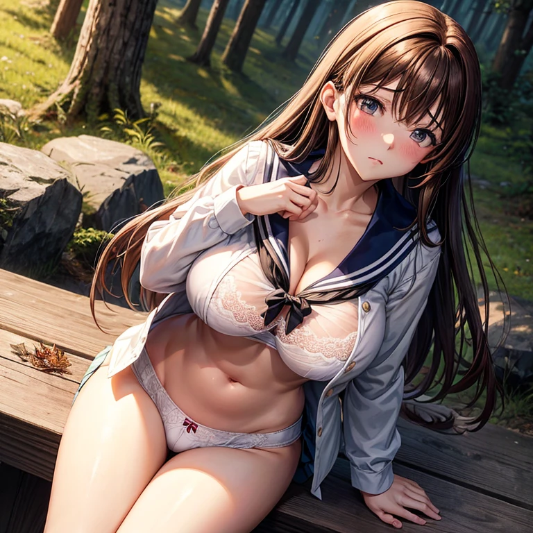Anime girl with very big breasts in the middle of the autumn forest wearing a sailor suit with an open shirt showing her breasts and her bra lifting her skirt showing her panties wearing sexy underwear with lace disgusted face blushing with long brown hair.