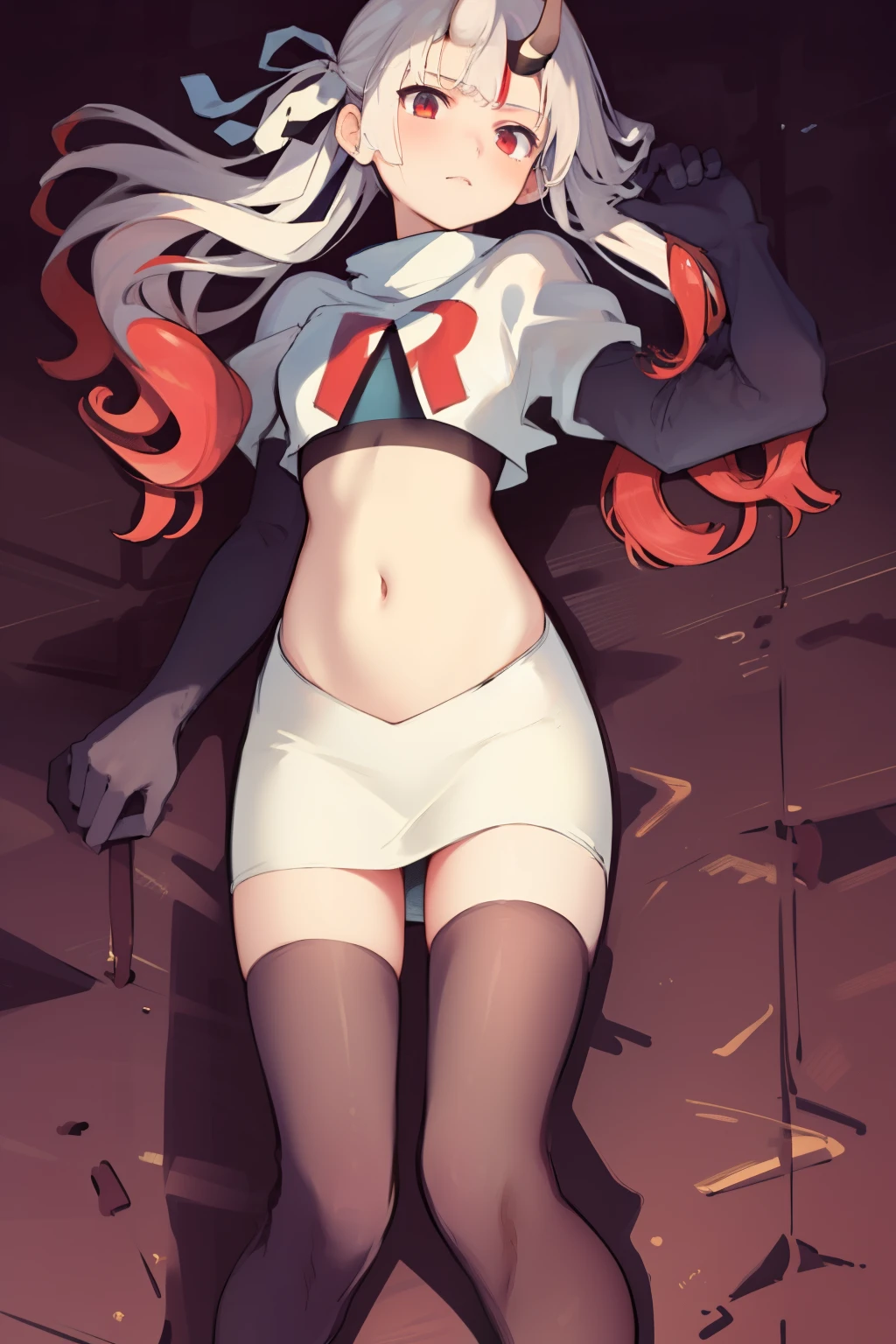 masterpiece, best quality, absurdres, perfect anatomy, 1girl, solo, Nakiri Ayame, long hair, twintails, AyameCasual, hair ribbon, x hair ornament, team rocket,team rocket uniform,white skirt,crop top,black thigh-highs,black elbow gloves,