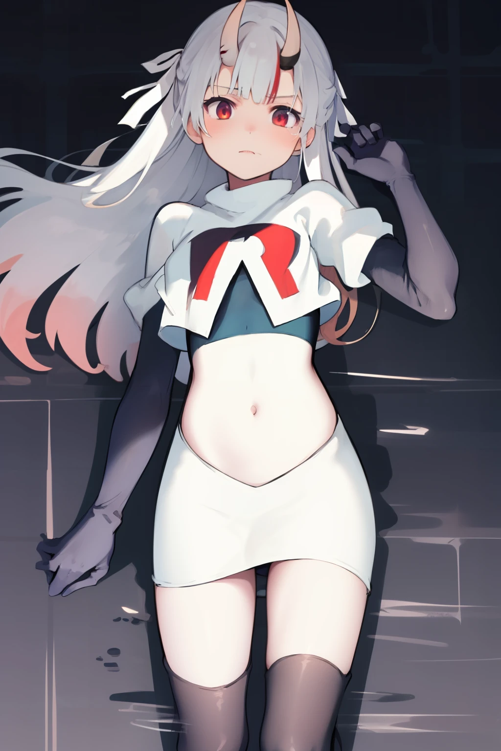 masterpiece, best quality, absurdres, perfect anatomy, 1girl, solo, Nakiri Ayame, long hair, twintails, AyameCasual, hair ribbon, x hair ornament, team rocket,team rocket uniform,white skirt,crop top,black thigh-highs,black elbow gloves,