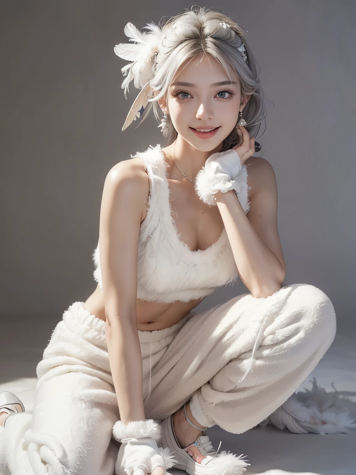 (anime:1.2), (official art:1.2), (gorgeous, elegant, luxury:1.6), (beautiful still life painting art:1.2), (ultra detailed, beautiful, masterpiece, best quality:1.2), _ BREAK (1girl:1.2), 22 years old, 160 cm, Japanese cute model, Tightened all body, medium Breasts, small head, small face, diamond Face, small nose, Sharp Faceline, Detailed face, Detailed eyes, young hands and fingers, beautiful hands and fingers, five fingers, _ BREAK (happy, smile, Glossy Lips:1.3), (Light color lips, Half open mouth, beautiful Teeth:1.2), (dropy eyes, Double eyelid, light color eyes, Shiny eyes:1.5), Shiny skin, _ BREAK (arranged hairstyle:1.2), (gray hair:1.2), shiny hair, Detailed hair, _ BREAK (simple gray background:1.2), (blurry background, mist, fog:1.2), _ BREAK (cowboy shot:1.2), (sitting, sexy model pose:1.2), BREAK (White fluffy feather theme:1.6), (fluffy:1.7), (loose-fitting fluffy feather sleeveless shirt:1.4), (fluffy cuffs and hem:1.4), BREAK (fluffy feather Hair accessories:1.4), (fluffy feather earrings:1.4), (fluffy sweat pants:1.4), (White Hi cut Sneaker:1.4), BREAK (fluffy feather gloves:1.4), (fluffy feathered anklets:1.2),