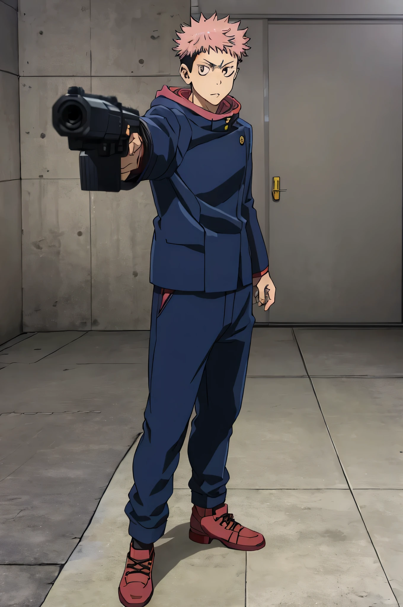 masterpiece, best quality, 1boy, itadori yuuji, pink hair, spiked short hair, undercut, brown eyes, facial mark, hoodie, school uniform, gakuran, jacket, long sleeves, pants, shoes, standing, full body, solo, looking at viewer,pointing gun at viewer,solo,red shoes,holding gun,pistol,blue jacket,blue pants
