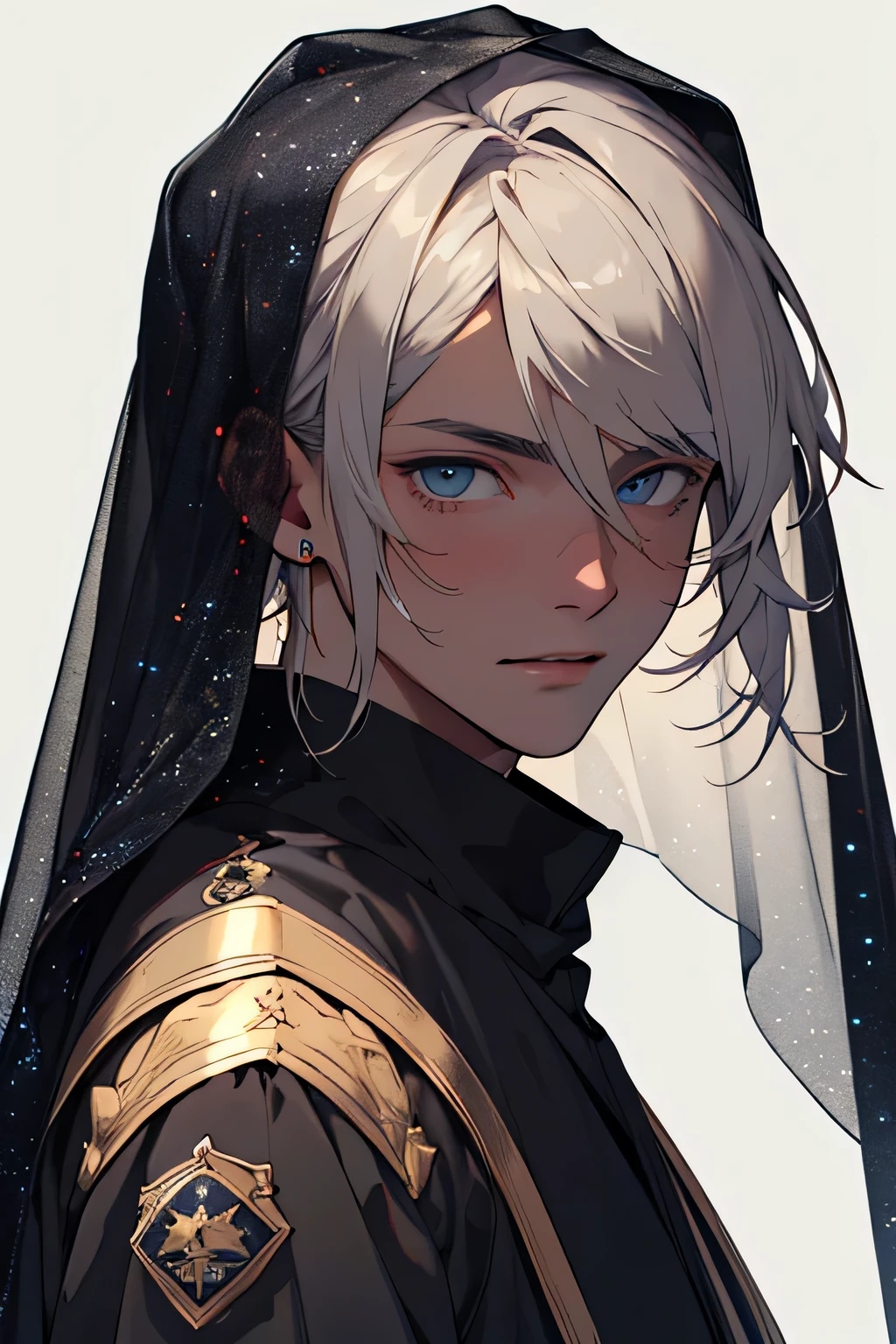 ((best quality)), ((masterpiece)), (detailed), perfect face, man, male, dark background, has a starry veil covering all of face