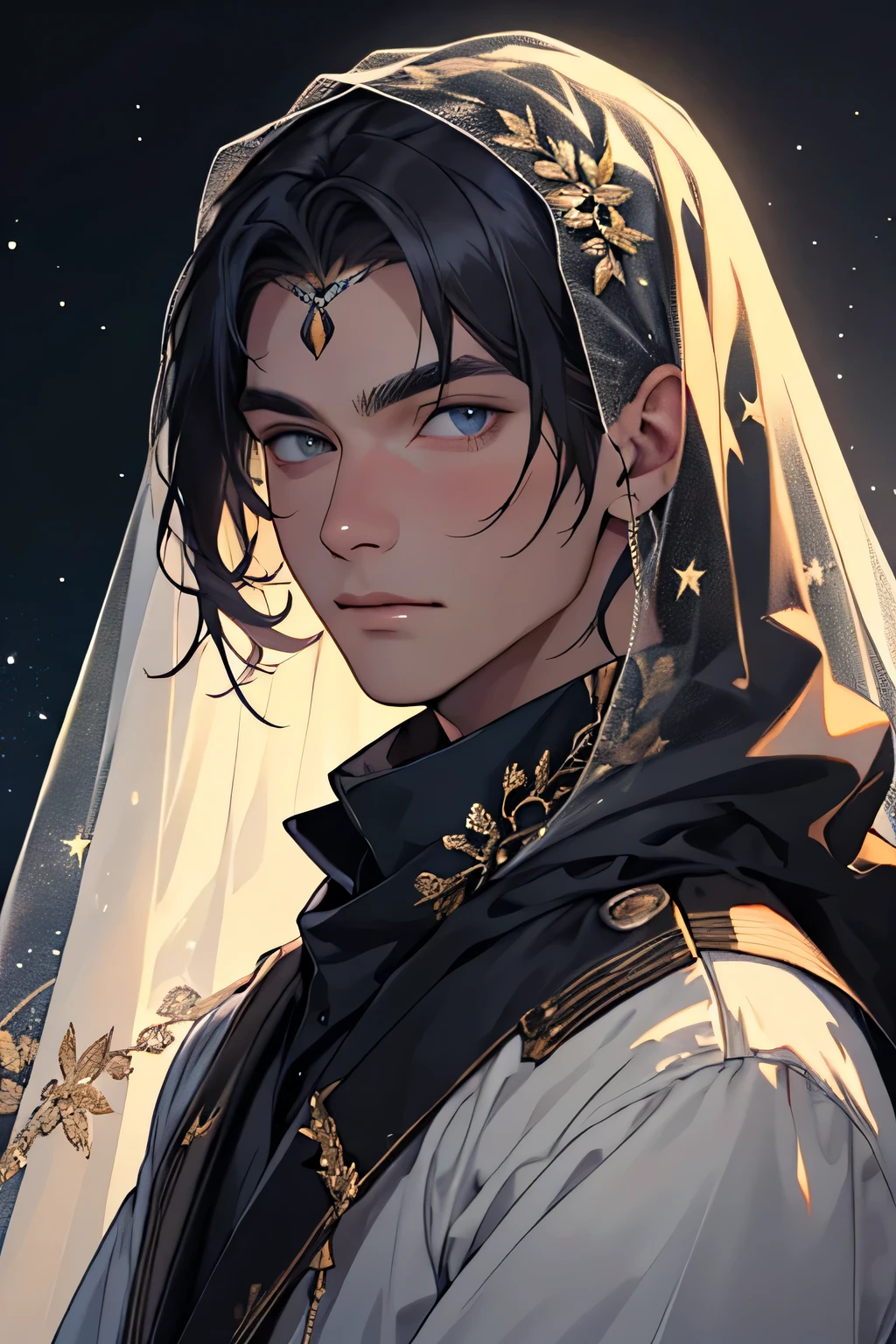 ((best quality)), ((masterpiece)), (detailed), perfect face, man, male, dark background, has a starry veil covering majority of
 face
