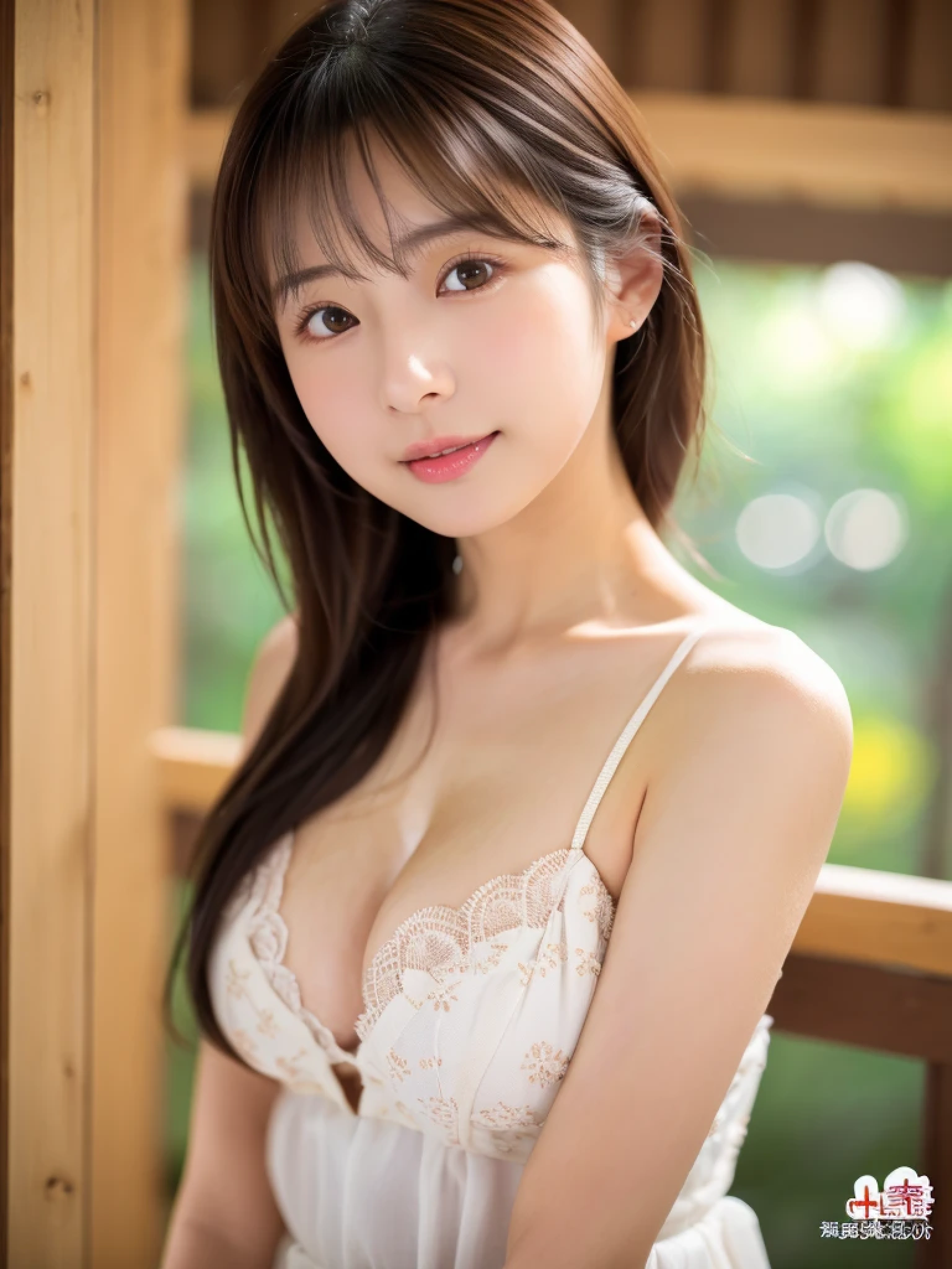 ((cute日本の女の子、beautiful japanese girl、1 girl、clear、19 years old、ponytail、Highly detailed face and skin texture、refinement、super detailed face、super detailed eyes、鬠红、blush、cheek、ピンクのcheekを塗った頬、close up of a woman、 from the neck up、 Close to the camera、 positive face、forward facing body、looking at the camera、front、cute、smooth white skin、Transparent skin texture、))、(dark brown hair、bangs)、beautiful woman with perfect style:1.4、Japan models、young gravure idol、若いcuteグラビアアイドル、Realistic young gravure idol、sophisticated gravure idol、((highest quality、8K、masterpiece:1.3、1Photo))、(4K、RAW photo、highest quality)、(realistic、フォトrealistic:1.37)、Place a person across the screen、Natural light、professional lighting、F cup、big breasts、big breasts、Beautiful and well-shaped breasts、