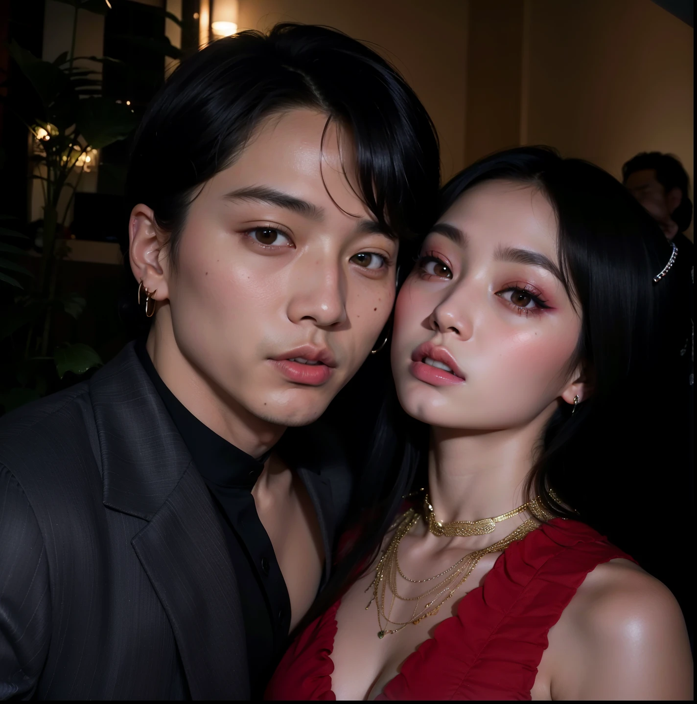 Araffe y una mujer con un vestido rojo posando para una foto, filtrado image, jennie rosa negro, lv, jungkook, filtrado photo, ambos tienen labios rojos, suave en _ el fondo, con ella larga, TaeJune Kim, estan cerca el uno del otro, celebridad, foto de perfil, filtrado, yanjun chengt, jossi de blackpink, jia