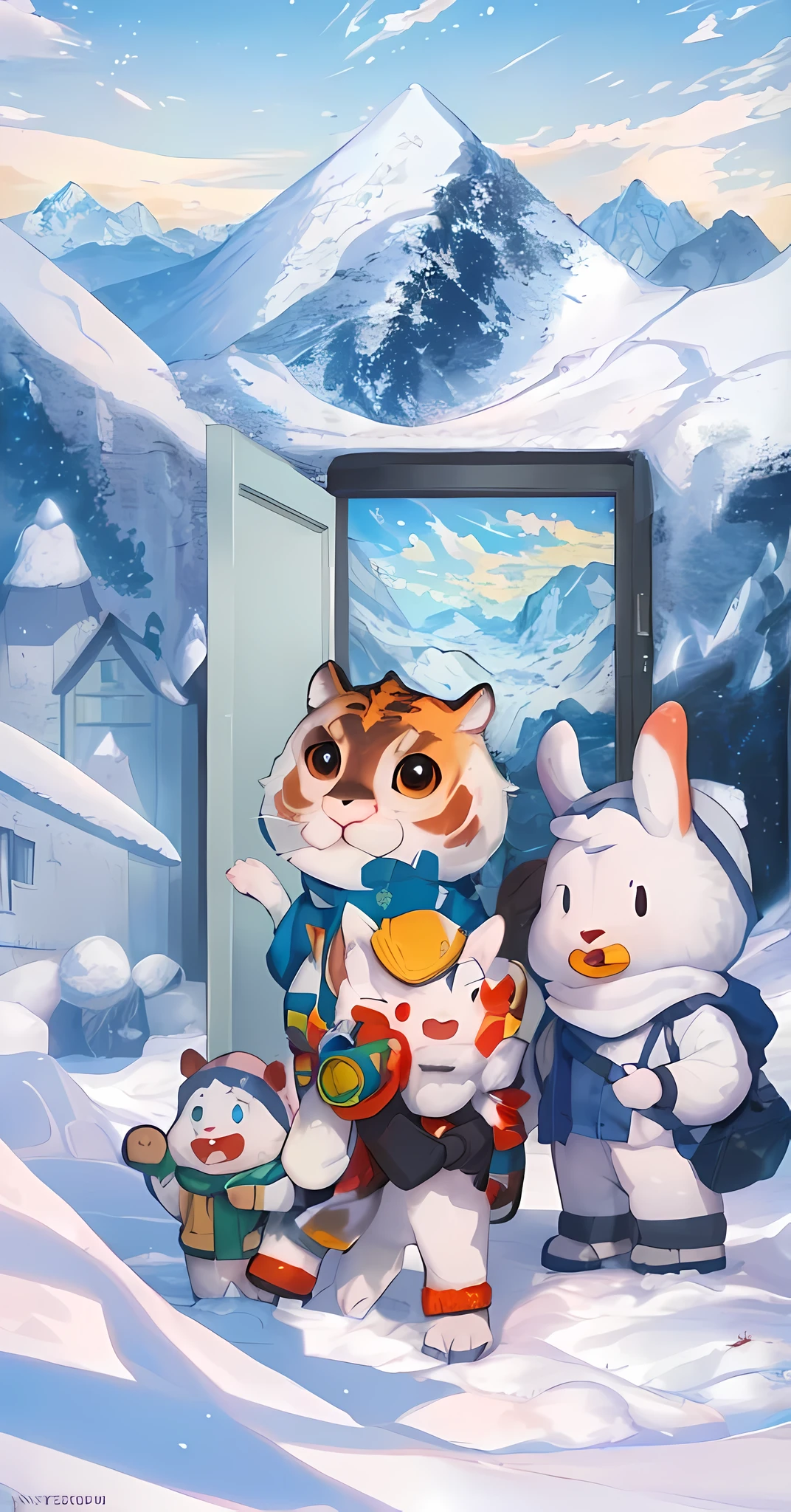 (best quality,4K,high resolution:1.2),Super detailed,(actual,photo-actual:1.37),Cartoonish,animal,permanent, In front of the door, Full page illustration, Detailed fanart, snowy, snow mountain, outdoor, adventure, official artwork, Full page illustration, portfolio illustration, comic book art, Cold snow outside