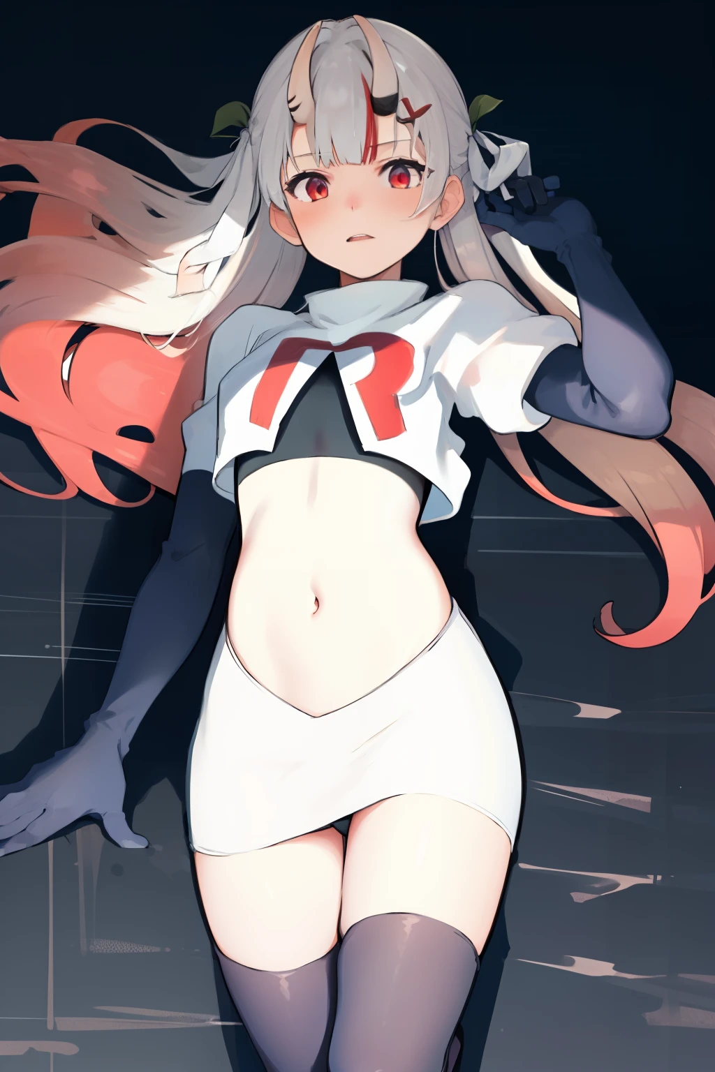 masterpiece, best quality, absurdres, perfect anatomy, 1girl, solo, Nakiri Ayame, long hair, twintails, AyameCasual, hair ribbon, x hair ornament, team rocket,team rocket uniform,white skirt,crop top,black thigh-highs,black elbow gloves,