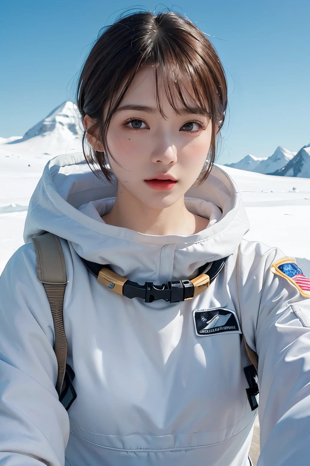 highest quality、masterpiece、ultra high resolution、(real:1.4)、Beautiful woman1、Beautiful details of eyes and skin、light brown short cut hair、The perfect spacesuit、South Pole、glacier、snow、