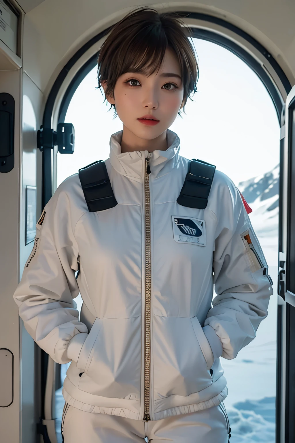 highest quality、masterpiece、ultra high resolution、(real:1.4)、Beautiful woman１、Beautiful details of eyes and skin、light brown short cut hair、The perfect spacesuit、South Pole、glacier、snow、