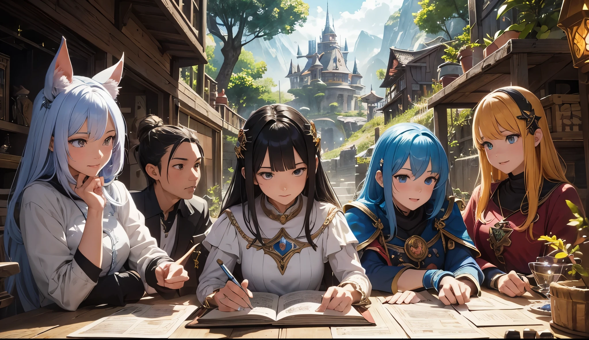anime style, 3 adventurers set for an adventure, rpg class, (best quality,4k,8k,High,masterpiece:1.2),ultra-detailed,(realistic,photorealistic,photorealistic:1.37),vivid colors,(Portraits: 1.1),(conceptual artists:1.1),bright colors,dynamic lighting,imaginative composition,whimsical characters,happy atmosphere,fantasy setting,exciting poses,magical creatures,unique character designs,Detailed background,beautifully illustrated,Detailed anime eyes ,bright anime hair,expressive facial expressions,wonderful costumes,colorful dice,elaborate board game,old dusty wooden table,tattered rulebook,fantasy miniatures,rolling says,animated game actions,engaging narrative,Enchanted World,emotion and suspense, action-packed scenes, team cooperation and friendship, Creativity and Imagination, Fantasy adventures, bright and charming illustrations, depth and richness in colors, intricate details in the game pieces, behind-the-scenes stories of imaginative characters, joyful movements and energetic, sparkling spell effects, comic book style speech bubbles, magical aura around the game, sparkling gems and treasures, dynamic camera angles, shadows and highlights, exaggerated proportions, positive and upbeat tone, surrounded by fantasy landscapes, expressions and enthusiastic gestures, action figures and figurines, illustrations with a touch of whimsy, colorful fantasy maps, floating islands and magical floating objects, mystical creatures and legendary beasts, fantasy armor and weapons, playful magical creatures, emotions and camaraderie in character interactions ,Enchanted forest and mysterious caves,animated spells and special abilities,heroes and heroines in epic battles and missions,unique character classes and abilities,emotion and expectation for the outcome of the game,immersive narrative through visual cues.  