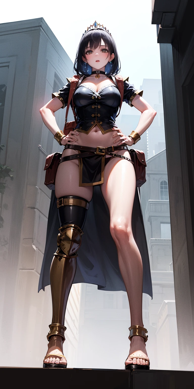 full body, whole body. 1solo (girl). slave fighter, loincloth standing, hands on hips full body, whole body. 1solo (girl). slave fighter, loincloth standing, hands on hips, metal sandals, backpack, choker, big belt, view from below, feet together, bracers, tiara