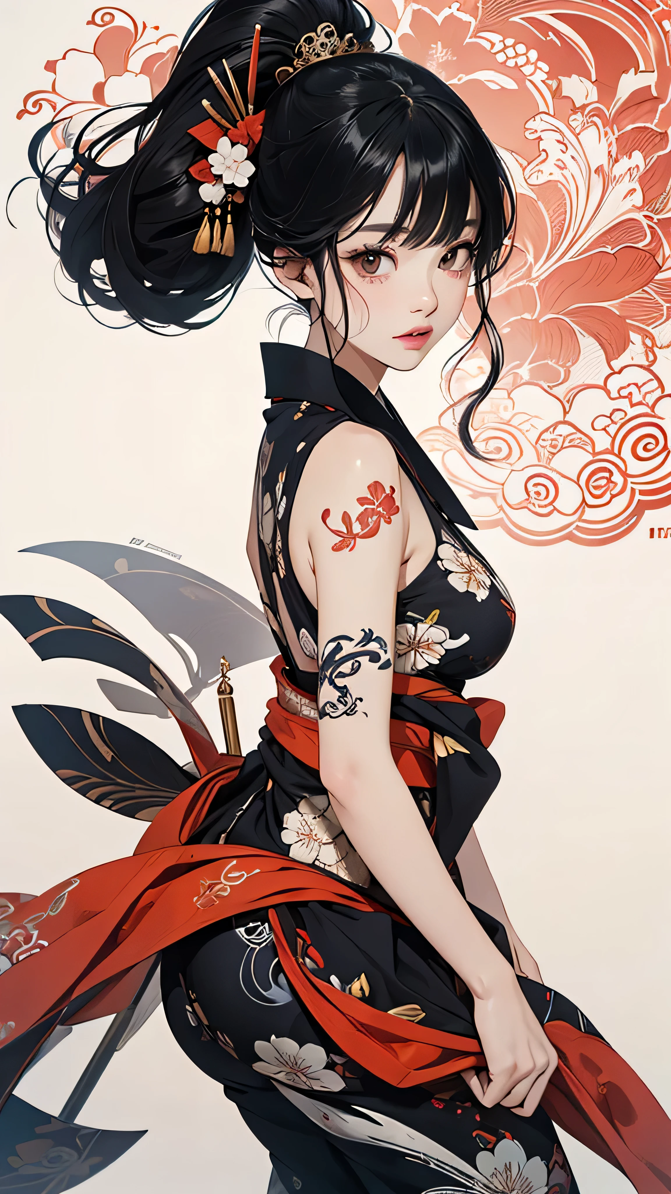 wuxia,vector art,1ebony woman with tattoos,black hair,white clothes,super colorful,luminous colorization,sharp, cinematic,dof,35mm,pintura luminosa
