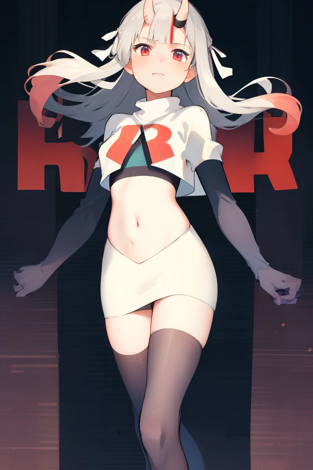 masterpiece, best quality, absurdres, perfect anatomy, 1girl, solo, Nakiri Ayame, long hair, twintails, AyameCasual, hair ribbon, x hair ornament, team rocket,team rocket uniform,white skirt,crop top,black thigh-highs,black elbow gloves,