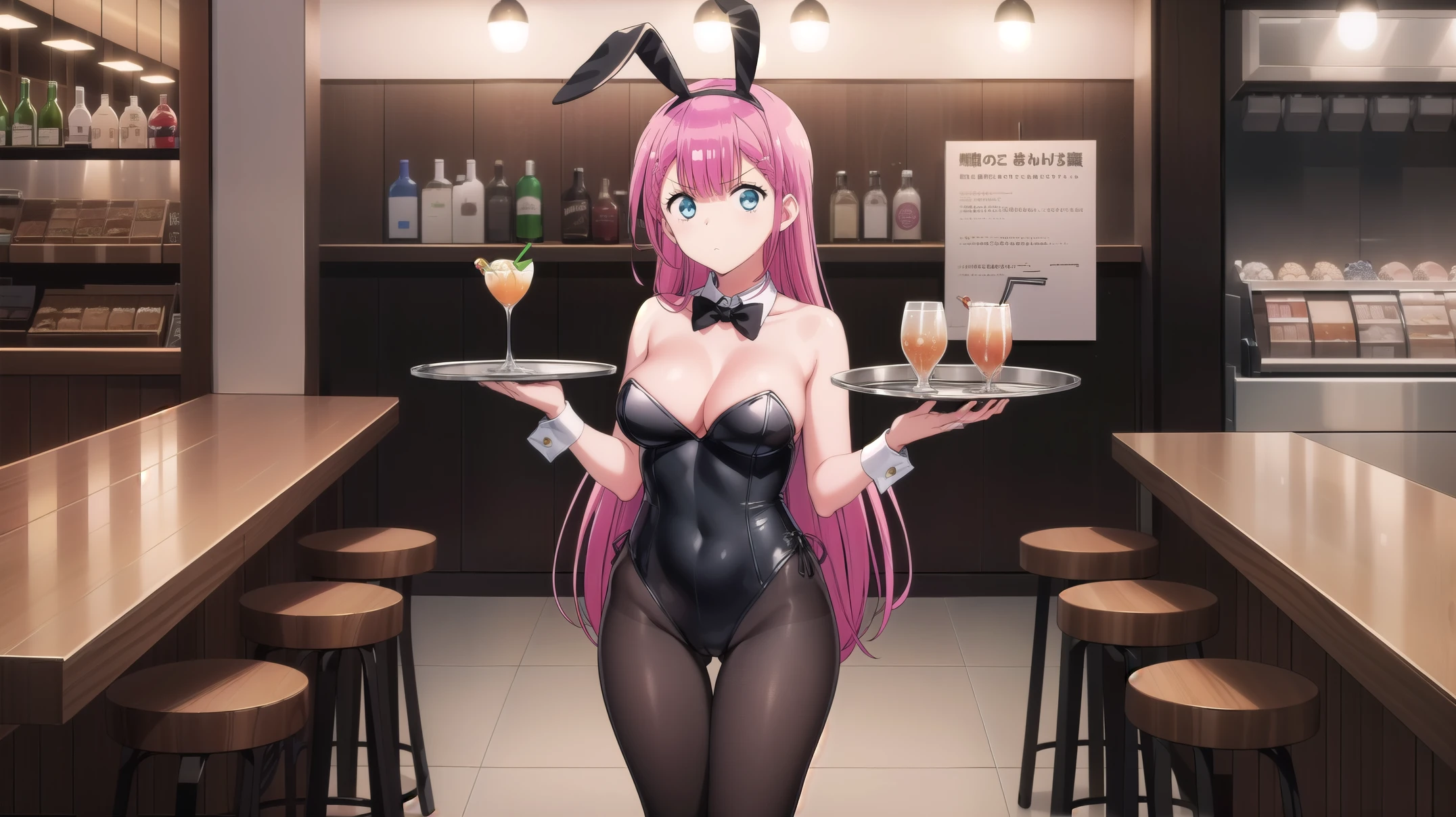 masterpiece, best quality, 1girl, solo, kirisu mafuyu, looking at viewer, annoyed, closed mouth, large breasts, playboy bunny, rabbit ears, black pantyhose, red bowtie, wrist cuffs, black leotard, holding tray, foods, drinks, standing, cafe shop, restaurant, (full body:1.1), cowboy shot